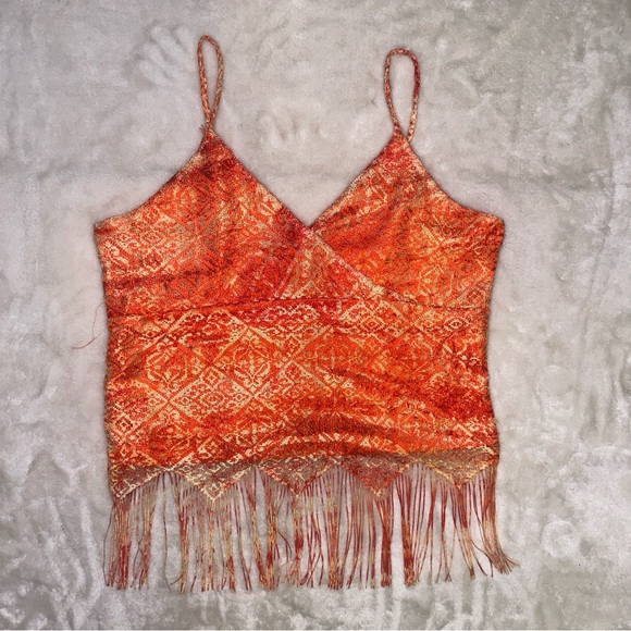 Vintage Y2K Evolution Orange Lace Fringe Tank Top Size Large - Picture 3 of 12